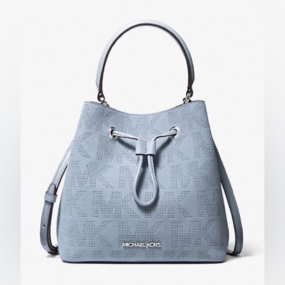 MICHAEL KORS PREMIERE Suri Medium Logo Perforated Suede Shoulder bag Reversible - Picture 1 of 16